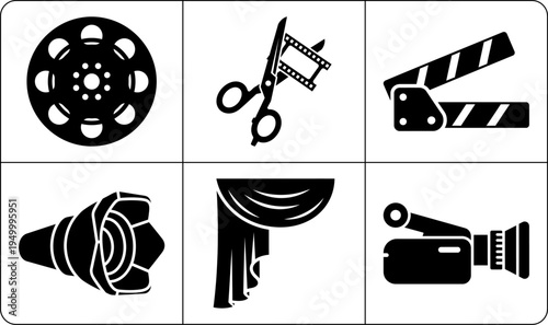 A collection of film production icons in silhouette, including a film reel, scissors, clapperboard, camera, director's chair, and filmstrip, used for filmmaking and movie production.
