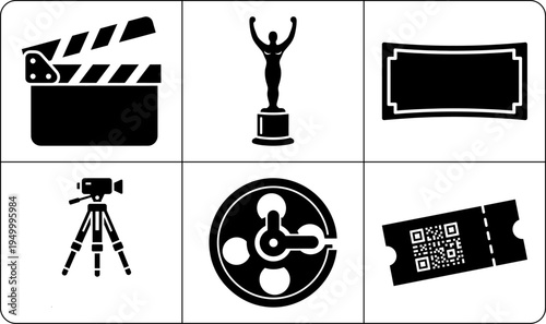 A set of black and white film and cinema icons, including a clapperboard, trophy, ticket, camera, film reel, and qr code ticket, creating a silhouette effect against a white background.