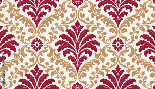 Seamless Vintage Damask Pattern, Elegant Baroque Floral Ornament in Red and Gold on Cream Background