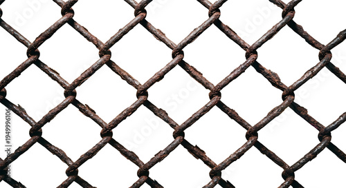 Closeup of a rusty chain link fence isolated on transparent background with diamond shaped pattern