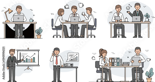 Business professionals in a collaborative office environment, illustrating various work scenarios