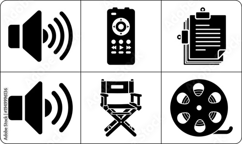 A collection of film production icons in silhouette, featuring symbols for sound, control, and filmmaking, set against a clean white background.