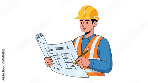 Architectural Blueprint: A focused professional meticulously examines architectural blueprints, poised with a pencil, bringing designs to life, envisioning structures. 