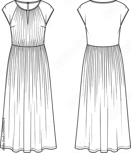Fashion illustration, technical dress design, front view, back view, pleated skirt, gathered bodice, cap sleeves, round neckline, garment construction, apparel