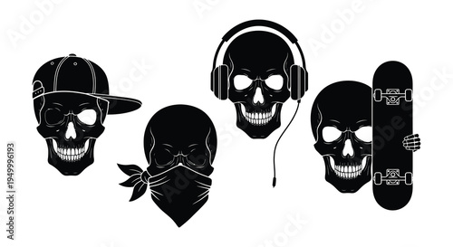 Four stylized skulls adorned with hats sunglasses and accessories