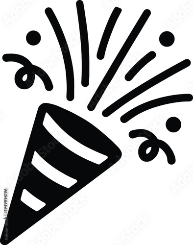 Black party popper with confetti streamers exploding graphic, celebration event symbol outline