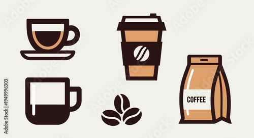 A collection of stylized icons representing various coffee-related items, including cups, beans, and a bag.