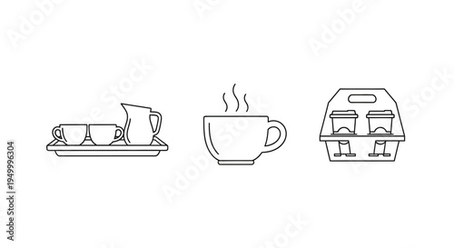 A minimalist line art illustration depicting various coffee-related items, including a tray with cups and a pitcher, a steaming coffee cup, and a carrier for to-go cups.