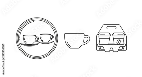 A collection of line art icons representing coffee cups and saucers, a single coffee cup, and a two-cup coffee carrier.