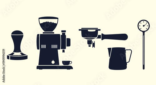 Collection of essential coffee brewing equipment, including a tamper, grinder, portafilter, milk pitcher, and thermometer, presented in a minimalist silhouette style.