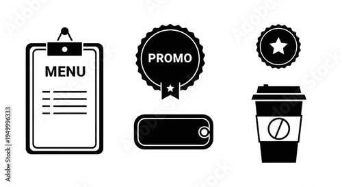 A collection of black and white icons representing a menu, a promotional badge, a tag, a star emblem, and a coffee cup.