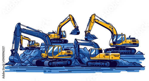 Construction Excavators Working on Blue Earth Piles, Heavy Machinery Concept