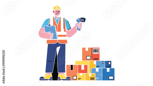 Warehouse Operative Scans Inventory: A worker, dressed in safety attire, diligently scans packages with a barcode reader, managing the warehouse logistics