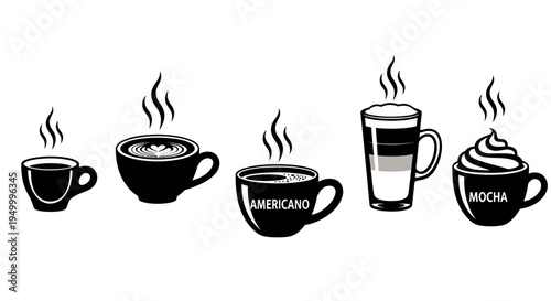 A collection of five steaming hot coffee cups and glasses, showcasing different coffee beverages like espresso, americano, and mocha.