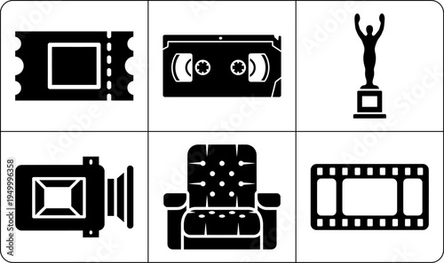 A set of black and white icons representing various aspects of film and cinema, including a filmstrip, movie camera, and award trophy, all in silhouette.