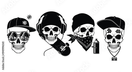 Four stylized skulls adorned with hats sunglasses and accessories