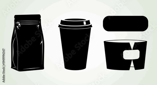 Black silhouette of coffee packaging including a stand-up pouch, a disposable cup with lid, and a coffee cup sleeve.