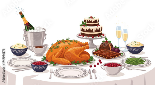 Festive Holiday Feast: Roasted Turkey, Cake, Champagne, and Sides