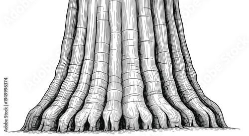 Giant Sequoia Tree Trunk Base, Detailed Ink Drawing, Ancient Forest Element