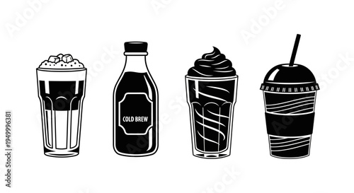 A collection of four black and white illustrations of different coffee drinks, including a layered iced coffee, a bottle of cold brew, a whipped cream topped beverage, and a takeaway cup with a straw.