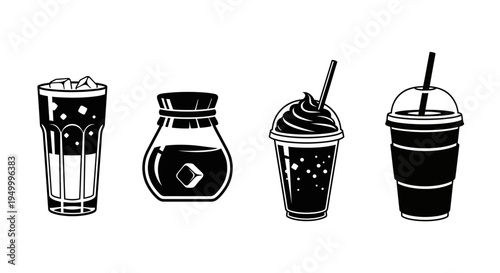 A collection of four black and white illustrations of various beverages, including iced coffee, a jar, a blended drink, and a takeaway cup with a straw.