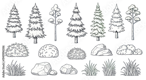 Hand-Drawn Forest Elements: Pine Trees, Bushes, Rocks, Grass - Sketch Style