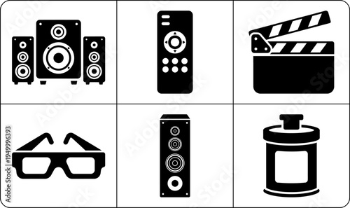 A set of black and white icons featuring film and music related objects, shown in silhouette against a white background.