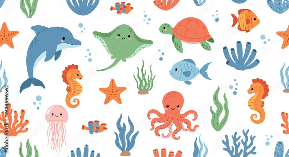Obraz premium Cute ocean animals seamless pattern with dolphin turtle octopus jellyfish seahorse and fish underwater vector background