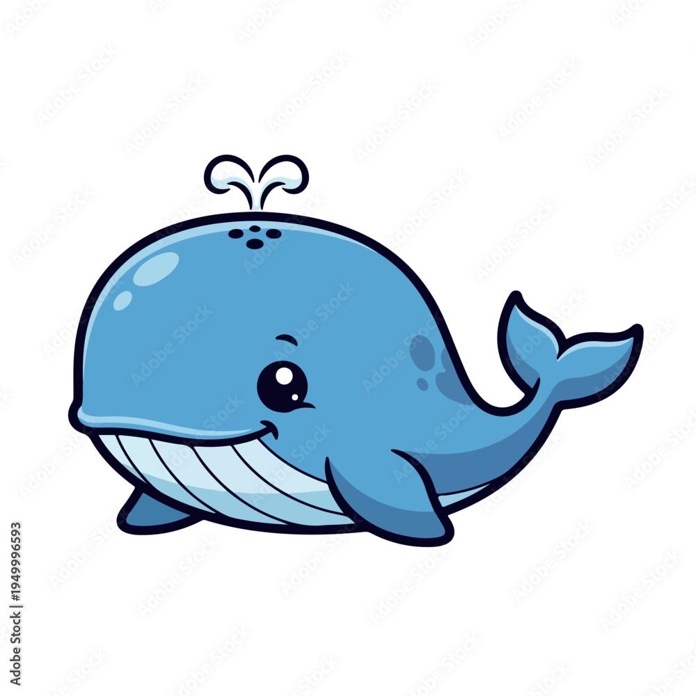 Fototapeta premium Cartoon illustration of a smiling blue whale with water spraying from its blowhole on a white background.