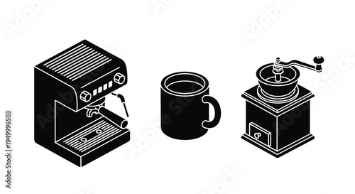 Isometric illustration of a black espresso machine, a black mug, and a black manual coffee grinder on a white background.