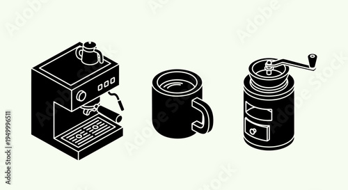 Isometric illustration of a coffee maker, a mug filled with coffee, and a manual coffee grinder on a light background.