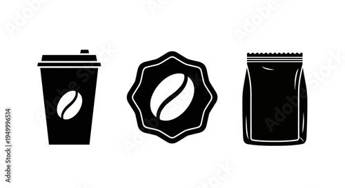 Three black silhouette icons representing coffee: a to-go cup, a coffee bean emblem, and a sealed bag of coffee beans.
