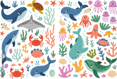 Cute ocean animals and sea life collection with whales turtles octopus jellyfish and coral underwater vector illustration