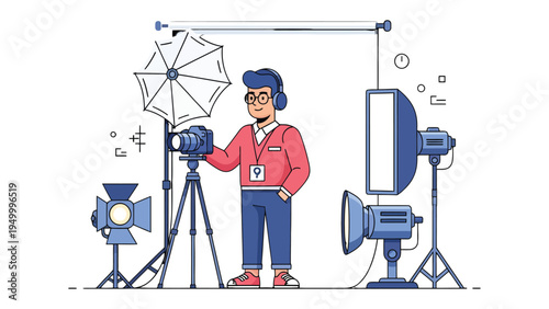 Photographer in the Studio: A focused photographer, surrounded by professional studio lighting equipment, stands ready to capture the perfect shot, embodying creativity and expertise.