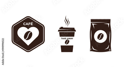 Collection of coffee-related icons including a cafe logo with a heart and coffee bean, a steaming takeaway coffee cup, and a coffee bean bag.