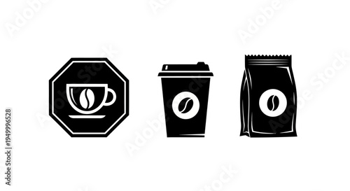 Three black and white icons representing coffee: a coffee cup with a bean, a disposable coffee cup, and a coffee bean bag.
