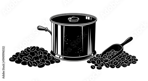 A black and white illustration of a pot with a lid, a scoop, and piles of coffee beans.