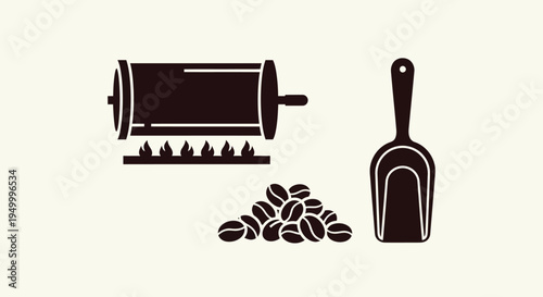 Illustration of coffee beans being roasted with a scoop and a roasting machine.