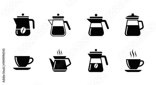 Collection of eight black and white icons representing various coffee makers and cups, including pour-over brewers, moka pots, and espresso machines, alongside steaming coffee cups.