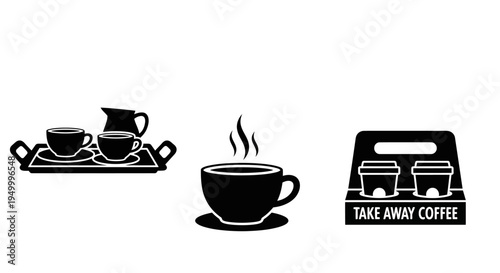 A collection of black and white icons representing coffee service, including a tray with cups and a creamer, a steaming hot cup of coffee, and a take-away coffee carrier.