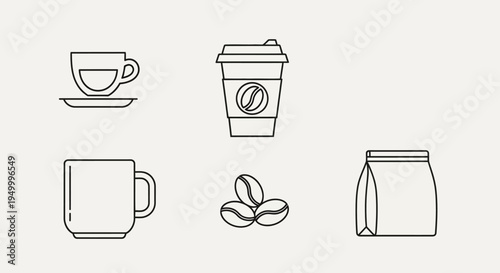 A collection of five line art icons representing coffee-related items, including a cup and saucer, a to-go cup, a mug, coffee beans, and a coffee bag.