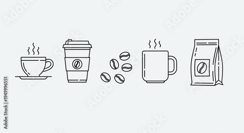 A collection of line art icons representing coffee, including a steaming cup, a disposable to-go cup, coffee beans, a mug, and a bag of coffee beans.