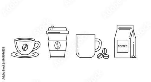 A collection of line art icons representing different coffee beverages and packaging, including a cup and saucer, a to-go cup, a mug, coffee beans, and a coffee bag.