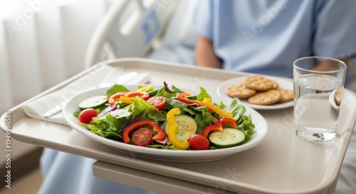 Hospital food tray with salad and water for patient meals