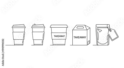 A minimalist line drawing showcasing a collection of takeaway food and drink containers, including coffee cups and boxes.