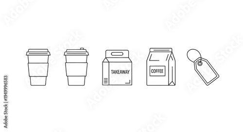 A minimalist line art illustration featuring five icons related to coffee and food service, including two coffee cups, two takeaway food containers, and a price tag.