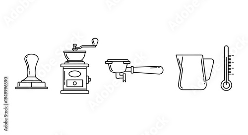 A collection of essential coffee brewing tools including a tamper, manual grinder, portafilter, milk pitcher, and thermometer, presented in a clean line art style.