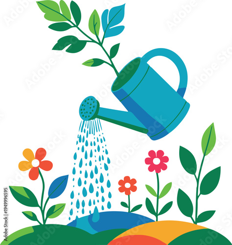 Bold colorful line art illustration of a watering can pouring water that transforms into growing leaves and flowers, eco growth concept, thick rounded vector strokes