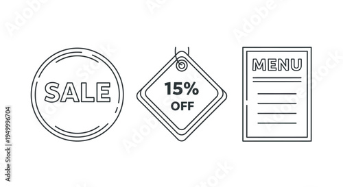 Three simple line art icons representing a sale, a discount tag, and a menu, presented on a white background.