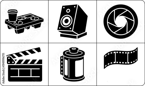 A set of black and white icons related to film and photography, including a clapperboard, speaker, camera lens, filmstrip, film reel, and movie clapper, shown in silhouette against a white background.